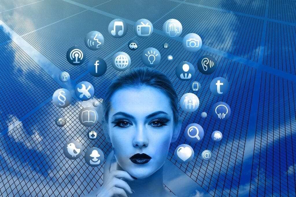 woman, face, social media, thoughts, head, applications, apps, nature, social media applications, icons, circle, tree, networks, internet, social, social network, facebook, google, social networking, networking, multimedia, blue
